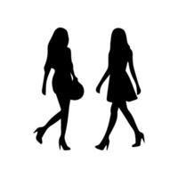 silhouettes of women standing and walking business people, black color isolated on white background vector