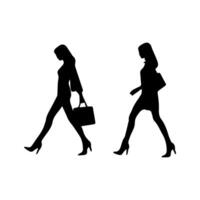 silhouettes of women standing and walking business people, black color isolated on white background vector