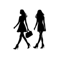 silhouettes of women standing and walking business people, black color isolated on white background vector