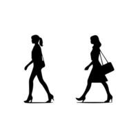 silhouettes of women standing and walking business people, black color isolated on white background vector