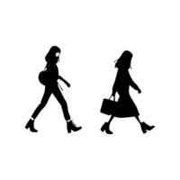 silhouettes of women standing and walking business people, black color isolated on white background vector