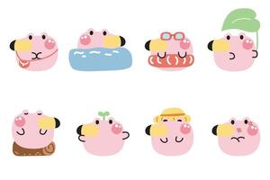 Set of cute flamingo round shape pastel in various poses and feeling on white background.Wild bird animal character cartoon design collection.Kawaii.illustration vector