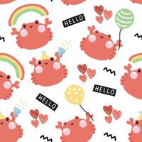 Seamless pattern of cute crab crying and sad feeling with shell and help me text on white background.Marine animal character cartoon design.Image for card,sticker,baby clothing.Sea and beach.Kawaii. vector