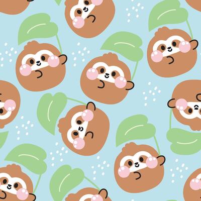 Seamless pattern of cute sloth round shape pastel hold big leaf on rain background.Rainy season.Wild animal character cartoon design.Image for card,poster,baby clothing.Kawaii.Illustration