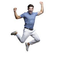 Excited man jumping in air with joy on transparent background png