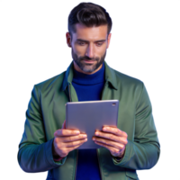 Man in green jacket using tablet on transparent background png