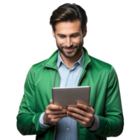 Smiling man in green jacket using tablet on transparent background png