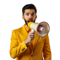 Man in yellow suit shouting into a megaphone on transparent background png