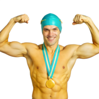 Muscular swimmer showing gold medal and flexing biceps on transparent background png