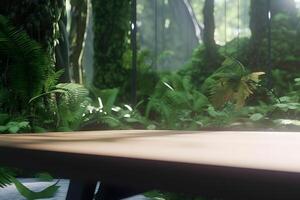 Jungle table background. Interior table for a cosmetic item against the backdrop of tropical plants, palms and jungle. Neural network photo