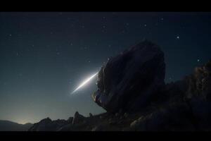 A comet, an asteroid, a meteorite falls to the ground against a starry sky. Neural network photo