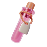 3d render illustration of pink potion in glass flask with rope and label. 3d illustration design for web site mobile app or brand png