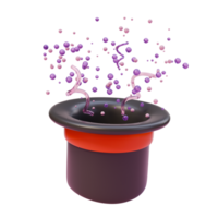 3d render illustration of black magician hat with a red ribbon and glowing particles. Magic element. 3d illustration design for web site mobile app or brand png