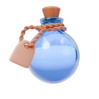 3d render illustration of blue potion in round glass bottle with rope and label. 3d illustration design for web site mobile app or brand png