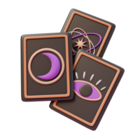 3d render illustration of black Tarot Cards with moon, stars, magic circle and eye with golden frame. 3d illustration design for web site mobile app or brand png