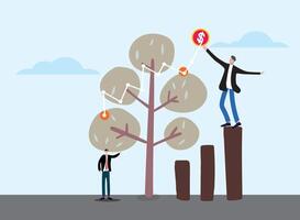 business people working on stairs toward success, with a graph and cityscape in the background vector