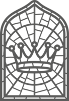 Church glass window. Gothic arch frame with medieval symbol. Vintage architecture element. Stained mosaic decoration with crown png