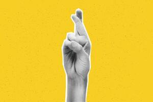 Collage element of crossed fingers hand. Halftone hand showing good luck sign, make wish. Cut out of magazine shape against yellow background with copy space. Grunge modern retro illustration vector