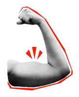 Trendy halftone collage element hand showing flexed biceps emoji gesture. Cut out from magazine shape with doodles. Grunge punk dotted modern retro illustration vector