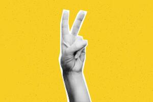 Collage element of Victory hand. Halftone hands showing piece sign against bold yellow textured background with copy space. Cut out of magazine shape. Grunge modern retro illustration vector