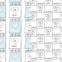 Set of 2 seamless patterns with calendar page and date 14 February and 14 March. Background. Texture. Isolate. EPS. for wallpaper, wrapping or web, posters, banners, promo, label or price tag vector