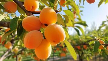 A bunch of ripe apricots on a branch. Neural network photo