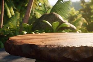 Jungle table background. Interior table for a cosmetic item against the backdrop of tropical plants, palms and jungle. Neural network photo
