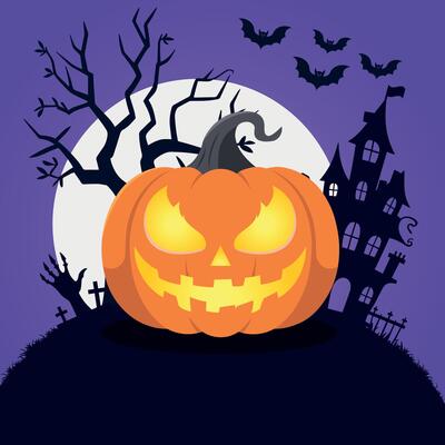 Glowing pumpkin - Spooky Halloween Night poster with haunted house, bats, graveyard, and scary tree