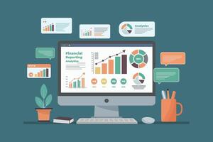 Computer Monitor displays financial reporting infographics, including various charts, stock growth, and messages on the screen. Flat illustration vector