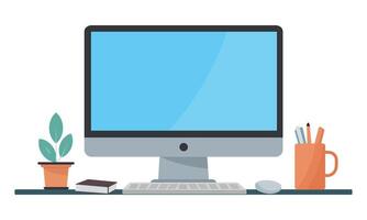 Computer Monitor blank display screen with flower pot and pencil box. Desktop, pc, laptop flat illustration vector