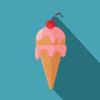 Cone ice cream with a cherry on top. Cream is melting, Ice cream gelato flat minimalist illustration vector