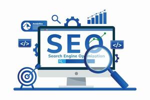 computer monitor displays SEO strategies on the screen with magnifying glass, arrow board, and gear icons. Flat UI illustration vector