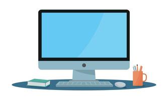 Computer Monitor blank display screen with flower pot and pencil box. Desktop, pc, laptop flat illustration vector