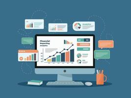 Computer Monitor displays financial reporting infographics, including various charts, stock growth, and messages on the screen. Flat illustration vector