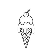 Cone ice cream with a cherry on top. Cream is melting, Ice cream gelato outline drawings, editable stroke vector