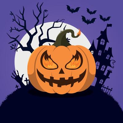 Glowing pumpkin - Spooky Halloween Night poster with haunted house, bats, graveyard, and scary tree