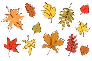 Set of bright autumn leaves drawn in a continuous line. Autumn leaf in one line style. Flower sketch. Composition of various leaves. Simple contour leaves. illustration vector