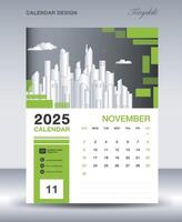 Calendar 2025 design template- November 2025 year layout, vertical calendar design, Desk calendar template, Wall calendar 2025 template, Planner, week starts on sunday, green background vector