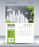 Calendar 2025 design template- October 2025 year layout, vertical calendar design, Desk calendar template, Wall calendar 2025 template, Planner, week starts on sunday, green background vector