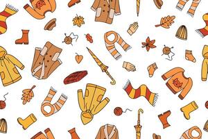 Seamless pattern of Autumn clothes, leaves, umbrellas and other hand-drawn accessories. Collection of autumn items in doodle style. vector