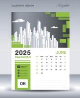 Calendar 2025 design template- June 2025 year layout, vertical calendar design, Desk calendar template, Wall calendar 2025 template, Planner, week starts on sunday, green background vector