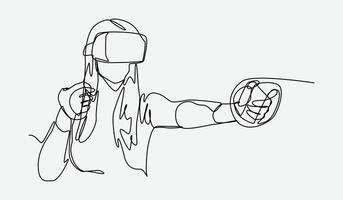 Continuous one line drawing of girl using virtual reality headset and playing game. Editable line. Graphic illustration. vector