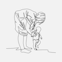 Mom teaching baby to walk in continuous one line drawing style. editable stroke. graphic illustration. vector