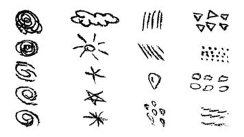 Doodles with the texture of charcoal pencil. Set elements imitating child drawing. Spiral star cloud sun. Doodles abstract shapes. illustration. vector