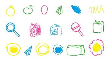 Doodles with the texture of wax chalk. Set elements imitating child drawing. Scrambled eggs gift airplane ring candy. Doodles abstract shapes. illustration. vector