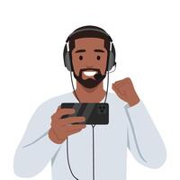 Young bearded man play mobile game on smartphone. vector