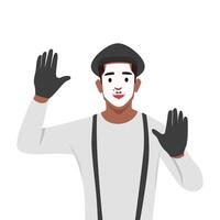 Mime cartoon character performing pantomime called Behind the wall. vector