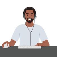 Young man plays the computer game front view, wearing headphone. vector