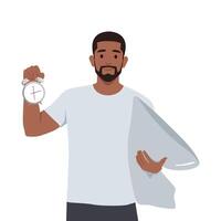 Young man standing with a pillow and a clock. vector