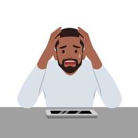 Young man Scared talk on cellphone feel anxiety with communication. vector